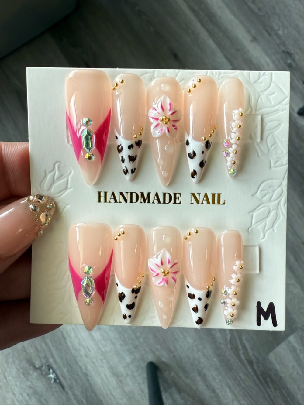 Handmade Pink & Nude Stiletto Press-On Nails with Floral Accent Medium